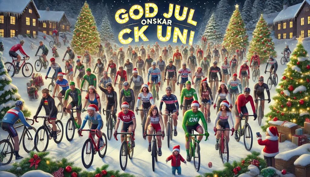 många cyklande personer vissa med tomteluva