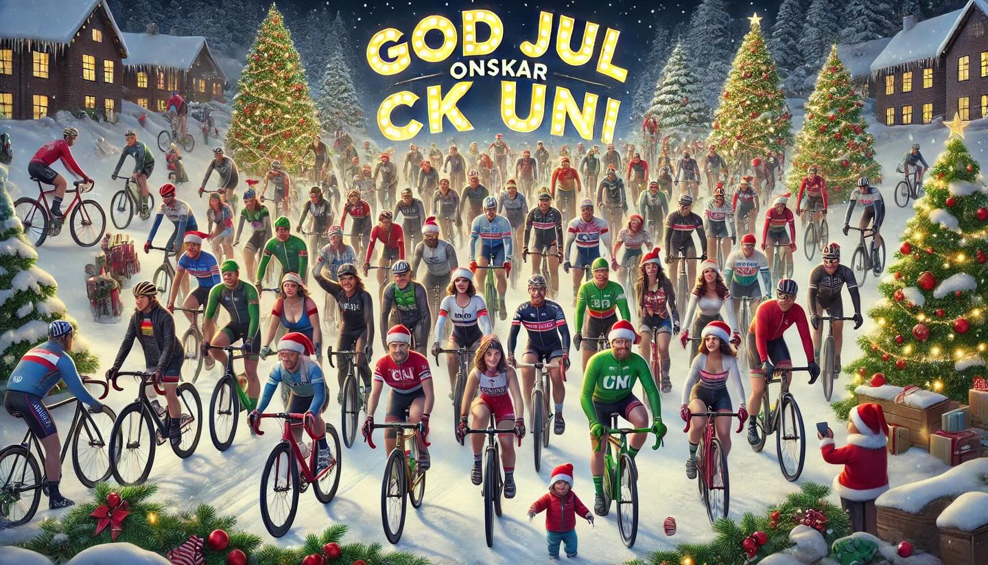 många cyklande personer vissa med tomteluva